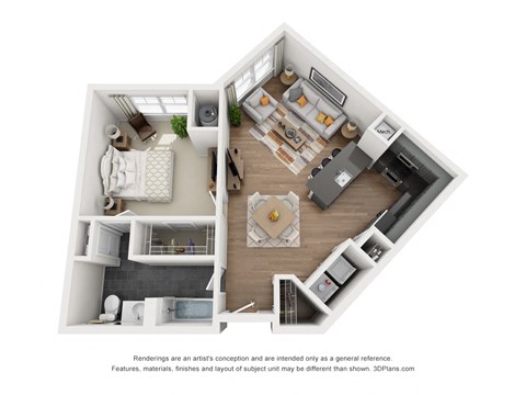 Floor plan for 1 bed, 1 bath, 761 sqft